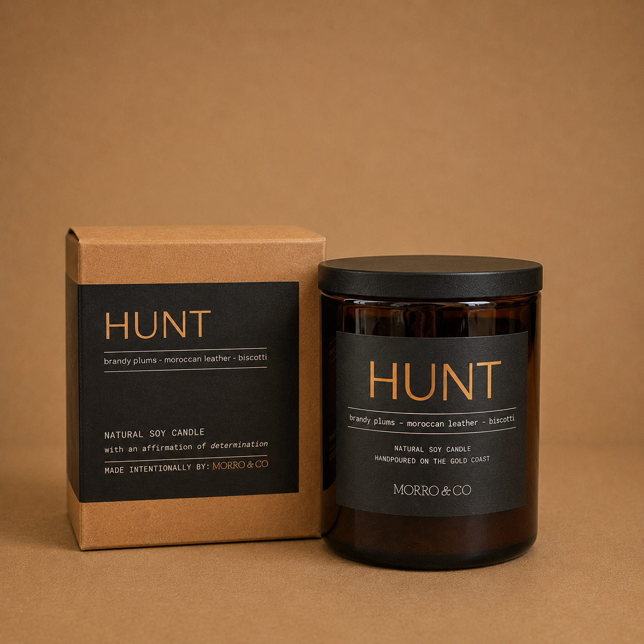 Morro & Co natural soy Men's candle called HUNT