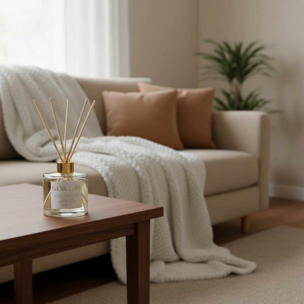 Diffuser bottle on a wooden table with a cozy living room background