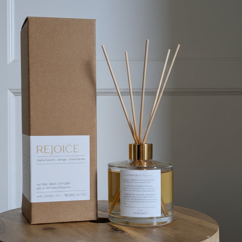 Diffuser bottle and packaging with 'Rejoice' branding on a wooden surface.