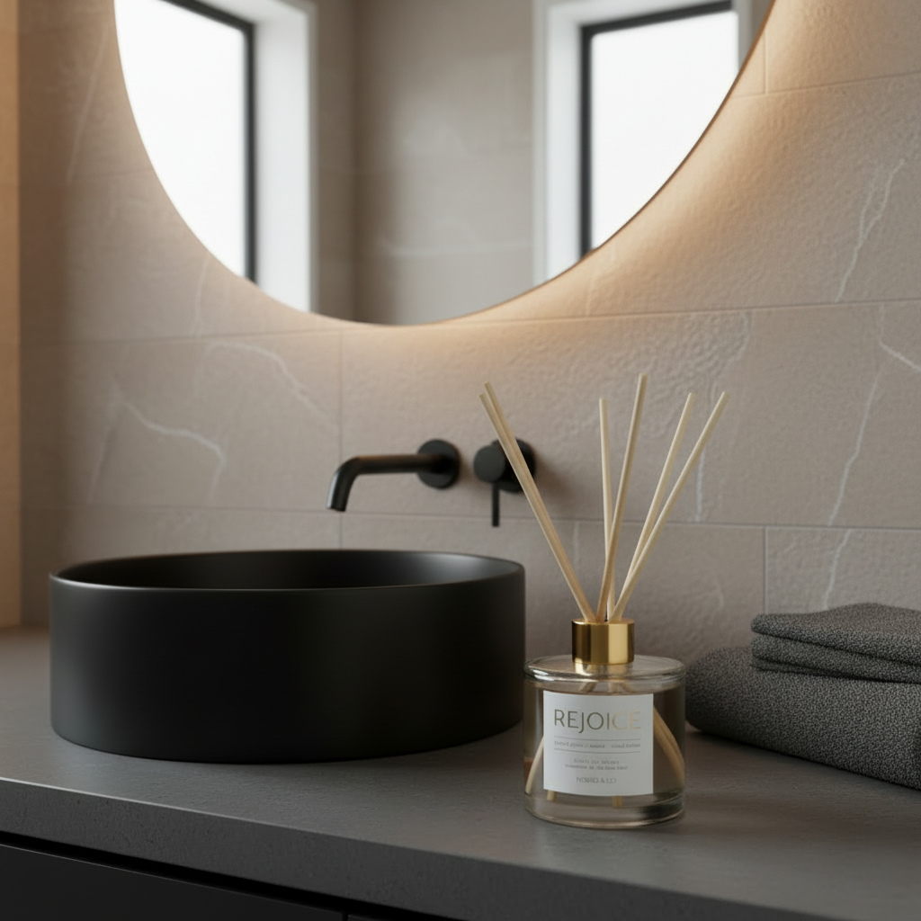 Bathroom counter with black sink, REJOI diffuser, and towels