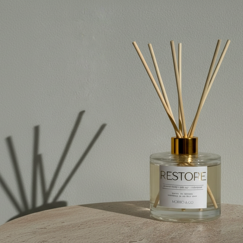 Candle and diffuser with ESTOFIE label on a stone surface
