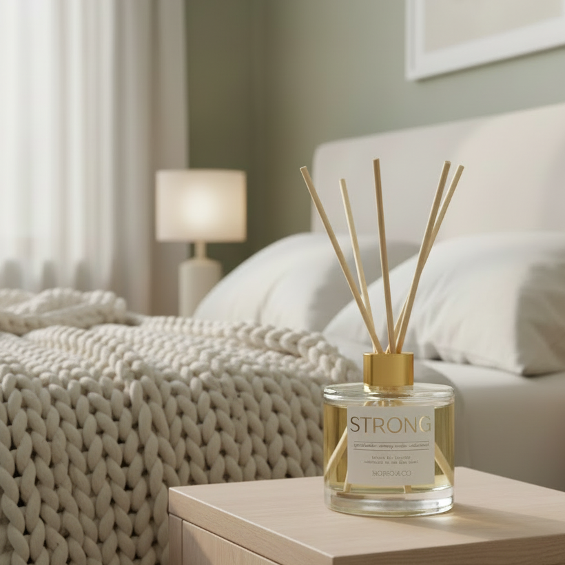 Reed diffuser on a nightstand next to a bed with a blanket