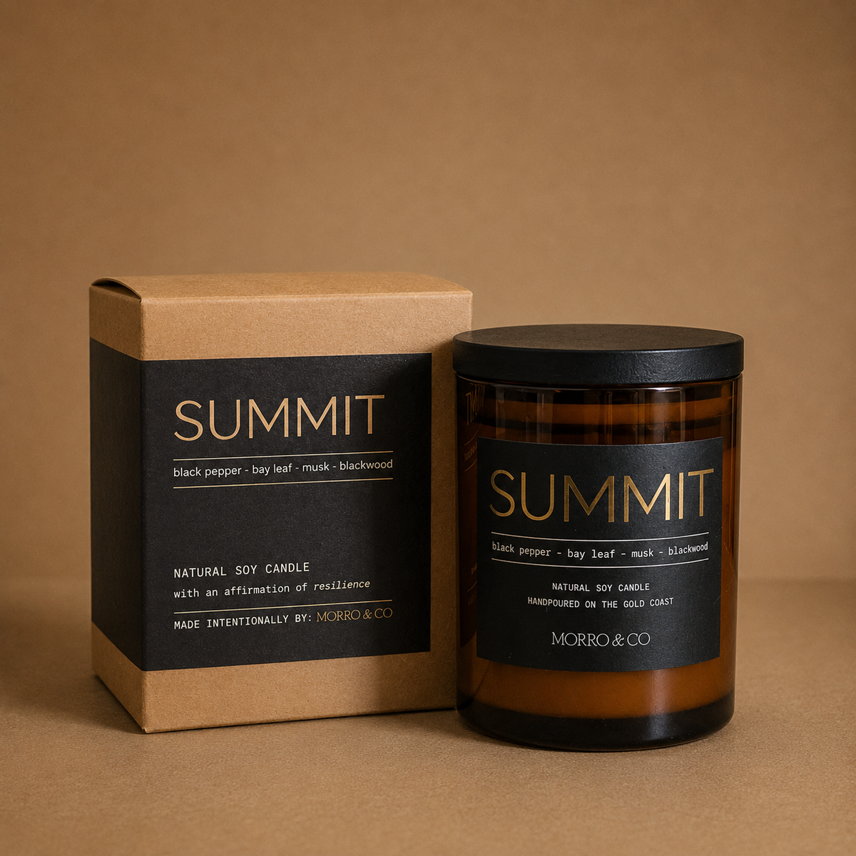 SUMMIT men's natural soy candle with black pepper, bay leaf, musk and blackwood by Morro & Co