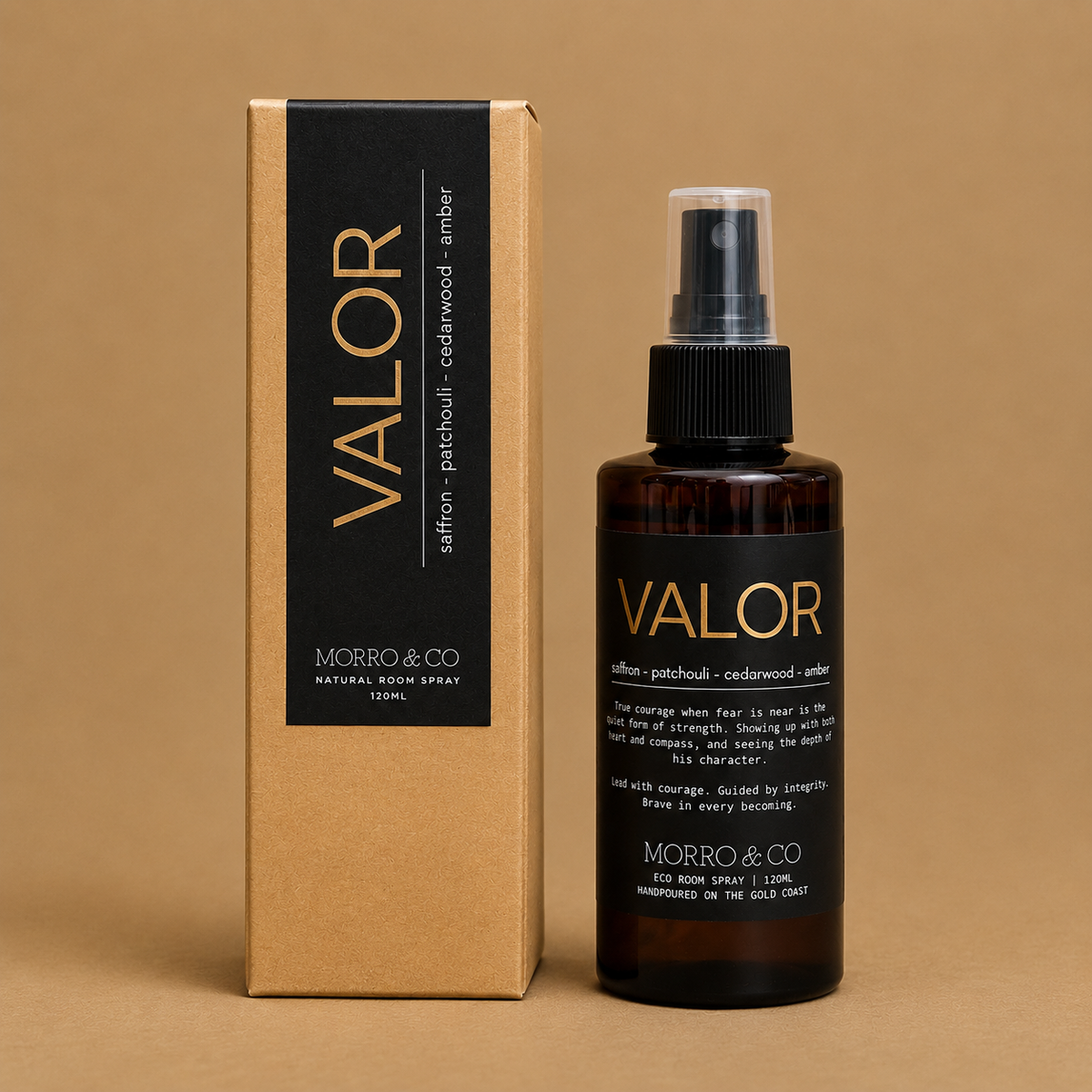 Morro & Co VALOR men's room spray in a bold saffron, cedarwood, patchouli and amber fragrance